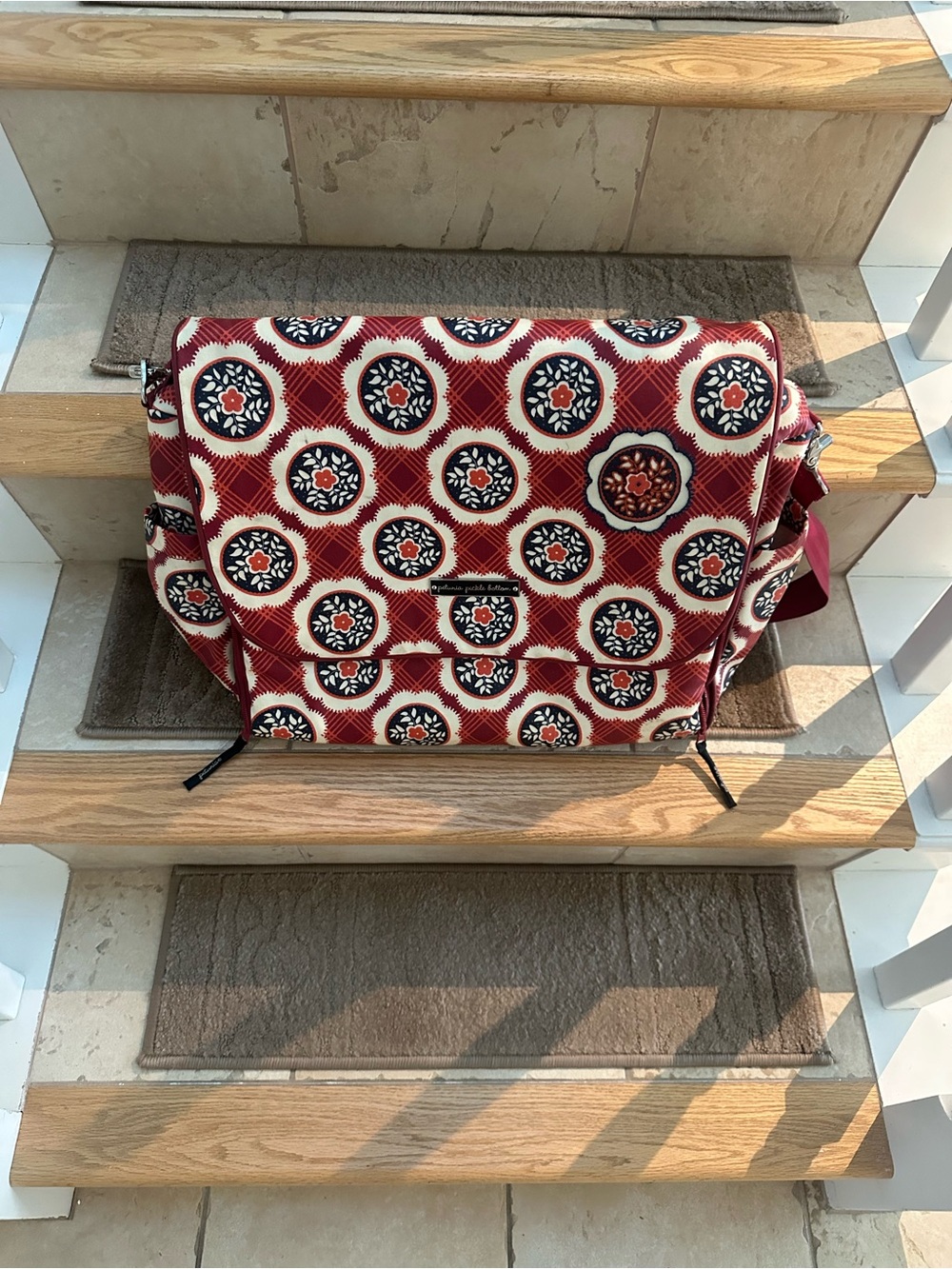Petunia Pickle Bottom Red and Cream Patterned Messenger Baby Bag